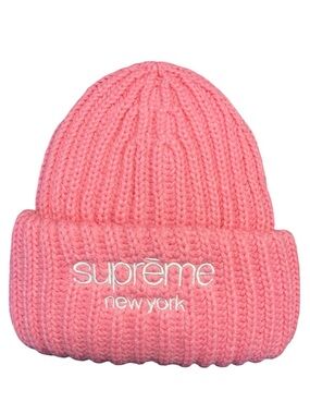 Supreme Pink Classic Logo Ribbed Beanie White Embroidery OS